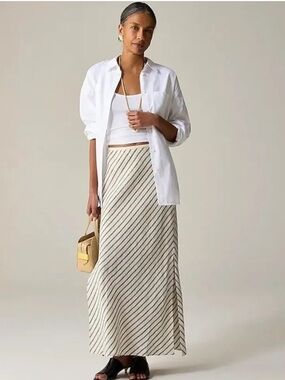 J.Crew Gwyneth Slip Skirt In 100% Linen Lined Striped Beige Size XL